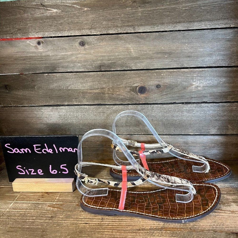 Womens Sam Edelman Gigi Snake Print Calf Hair Leather Sandals Shoes Size 6.5 M‎